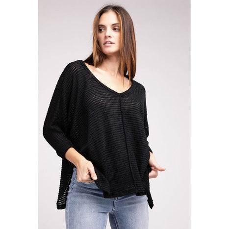 3/4 Sleeve V-Neck Hi-Low Hem Jacquard Sweater