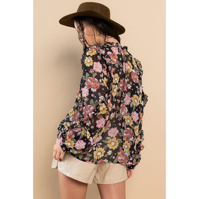 Ces Femme Ruffle Trim Long Sleeve Floral Blouse