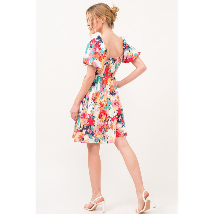 Square Neck Puff Sleeve Floral Dress