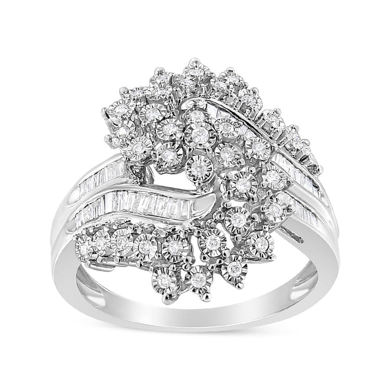 Bids.com 10K White Gold 1/2 Cttw Round and Baguette-Cut "S" Shaped Bypass Cocktail Ring (I-J Color, I1-I2 Clarity) - Size 7 Rings