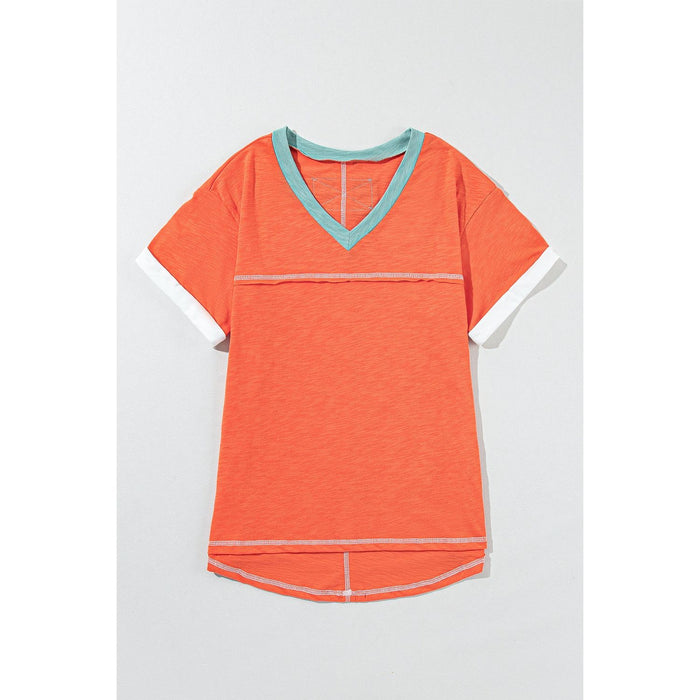 Color Block V-Neck Short Sleeve T-Shirt