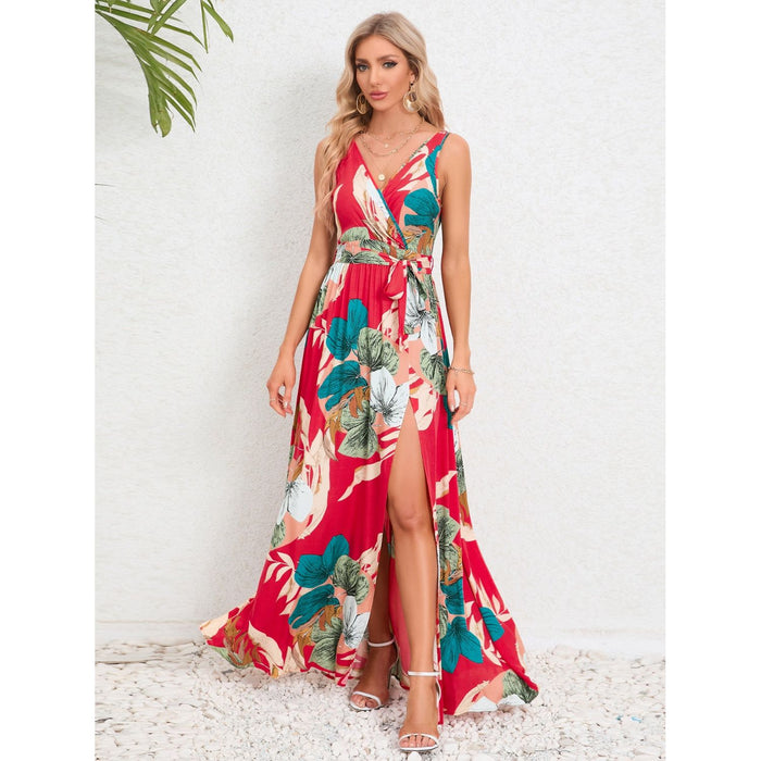 Slit Tied Printed Surplice Dress