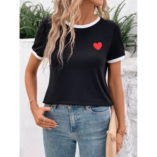 Heart Round Neck Short Sleeve T-Shirt