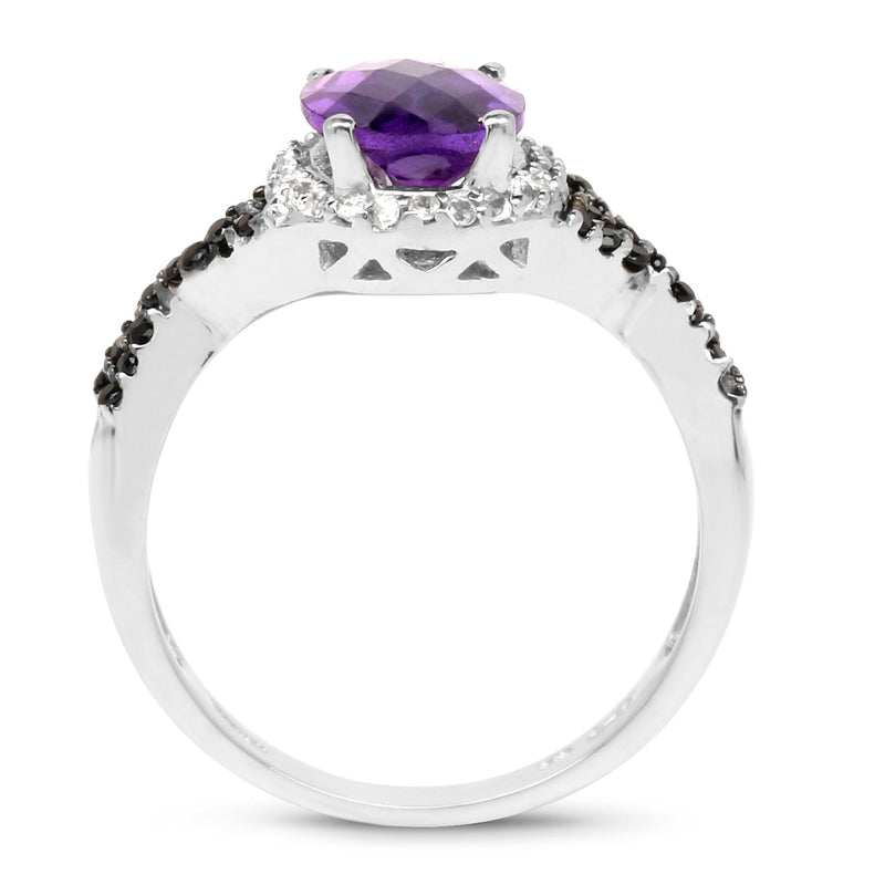 Bids.com 1.64 Carat Genuine Amethyst, Black Diamond & White Diamond .925 Sterling Silver Ring Rings