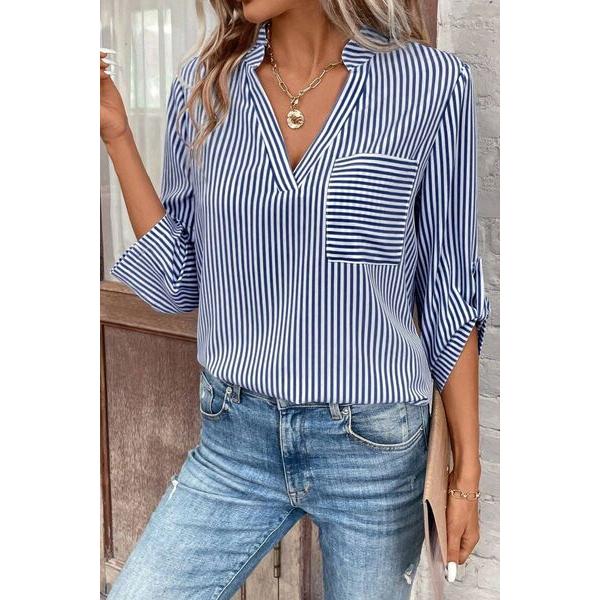 Striped Notched Roll-Tab Sleeve Shirt