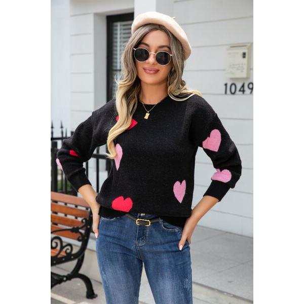 Heart Round Neck Droppped Shoulder Sweater