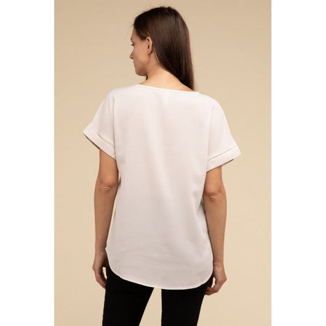 Woven Heavy Dobby Rolled Sleeve Boat Neck Top