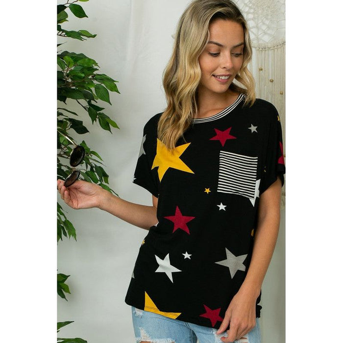 STAR PRINT STRIPE JERSEY POCKET TOP