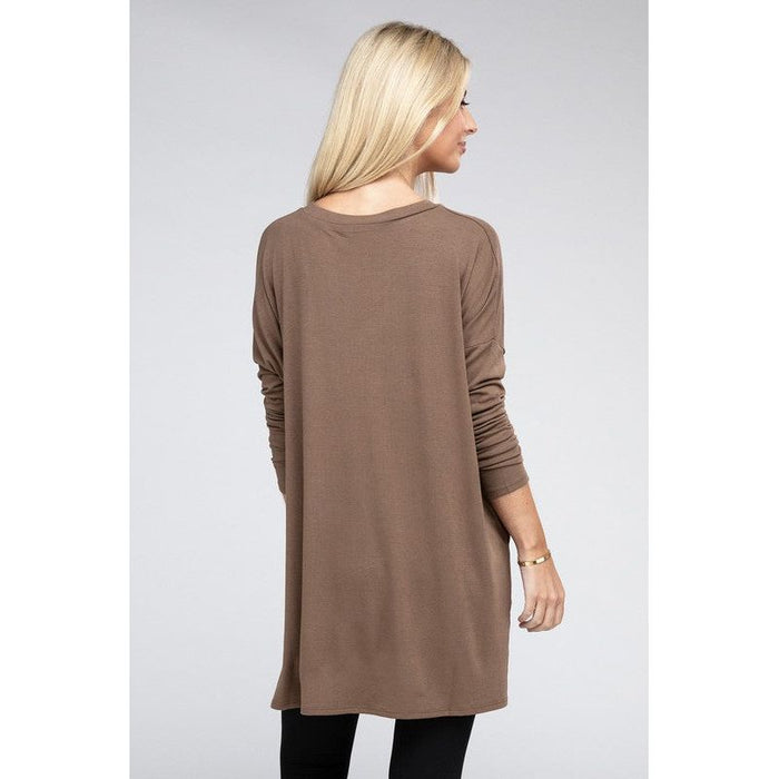 Dolman Long Sleeve V-Neck Side Slit Hi-Low Hem Top