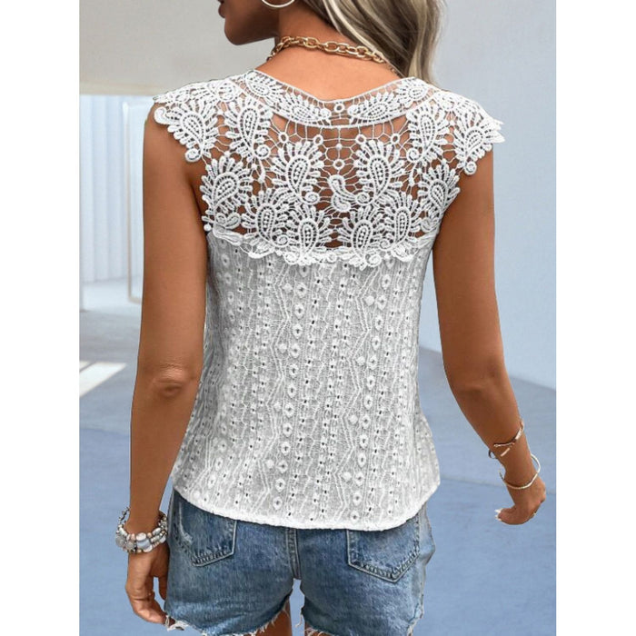 Cutout Lace Detail Notched Blouse