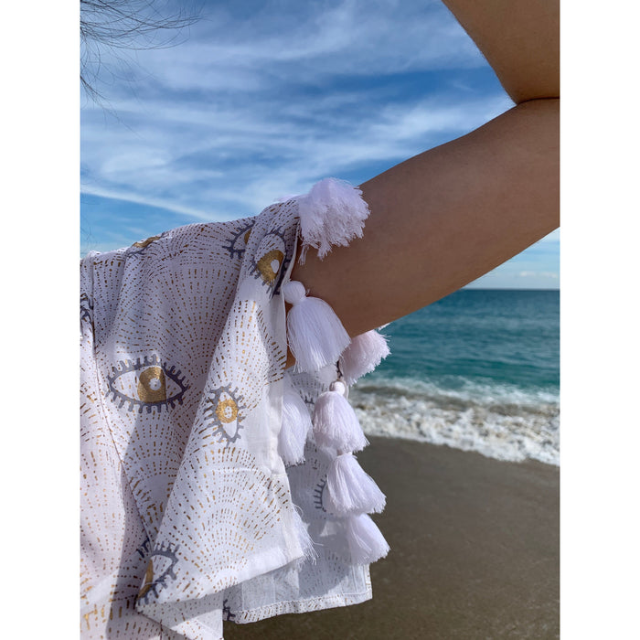 Half Sleeve Kimono with Tassels | Evil Eye White Gold | Small