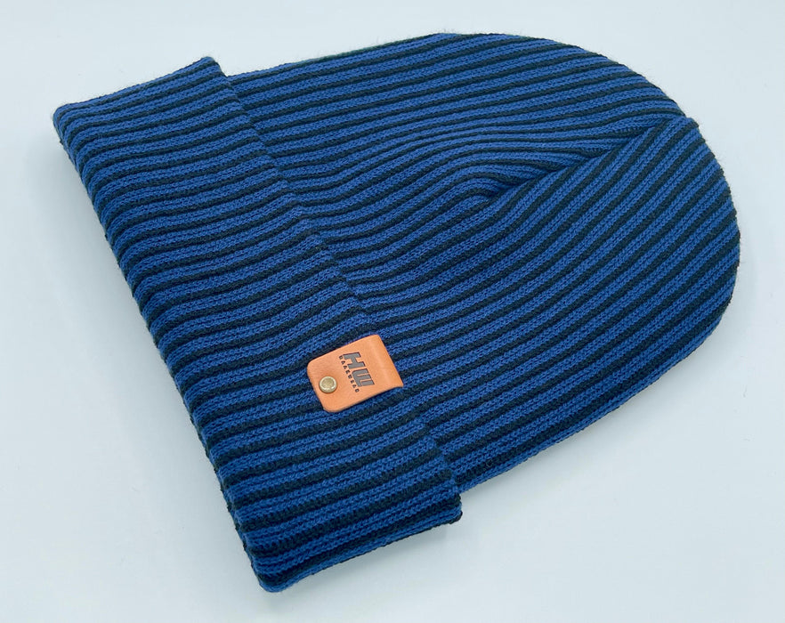 HAAKWEAR Cuffed Wide Ribbed Striped Beanie, Limited Edition, Black/Blue, Made in USA