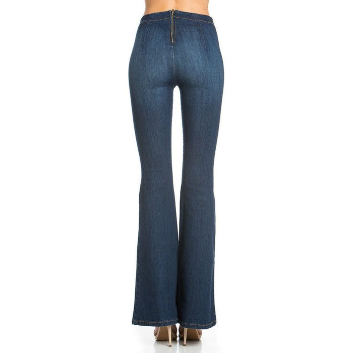 zipper back faded denim flare  jeans pants