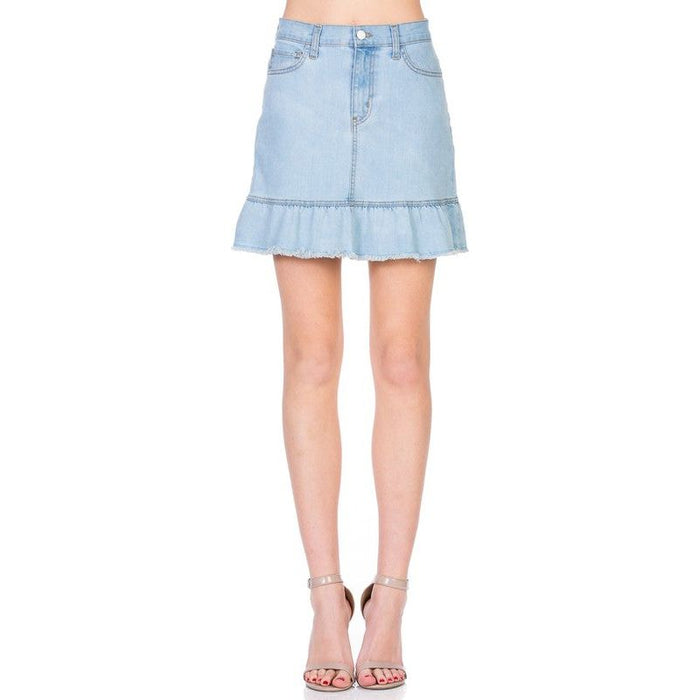 High Waisted A-line Ruffle Hem Denim Skirt