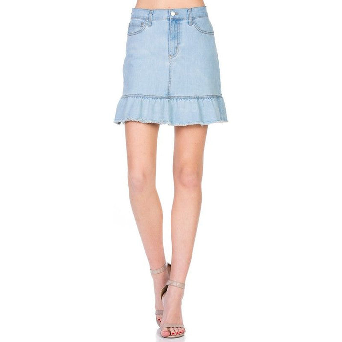 High Waisted A-line Ruffle Hem Denim Skirt