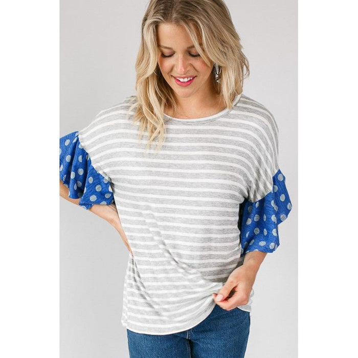 POLKA DOT STRIPE RUFFLE SLEEVE TOP