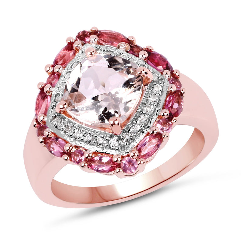 Bids.com 14K Rose Gold Plated 3.11 Carat Genuine Morganite, Pink Tourmaline & White Topaz .925 Sterling Silver Ring Rings
