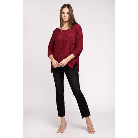 3/4 Sleeve V-Neck Hi-Low Hem Jacquard Sweater