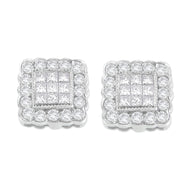 Bids.com 14K White Gold 1.0 Cttw Round Brilliant & Princess Cut Diamond Scallop-Edge Framed Square Halo Stud Earrings (G-H Color, SI1-SI2 Clarity) Earrings