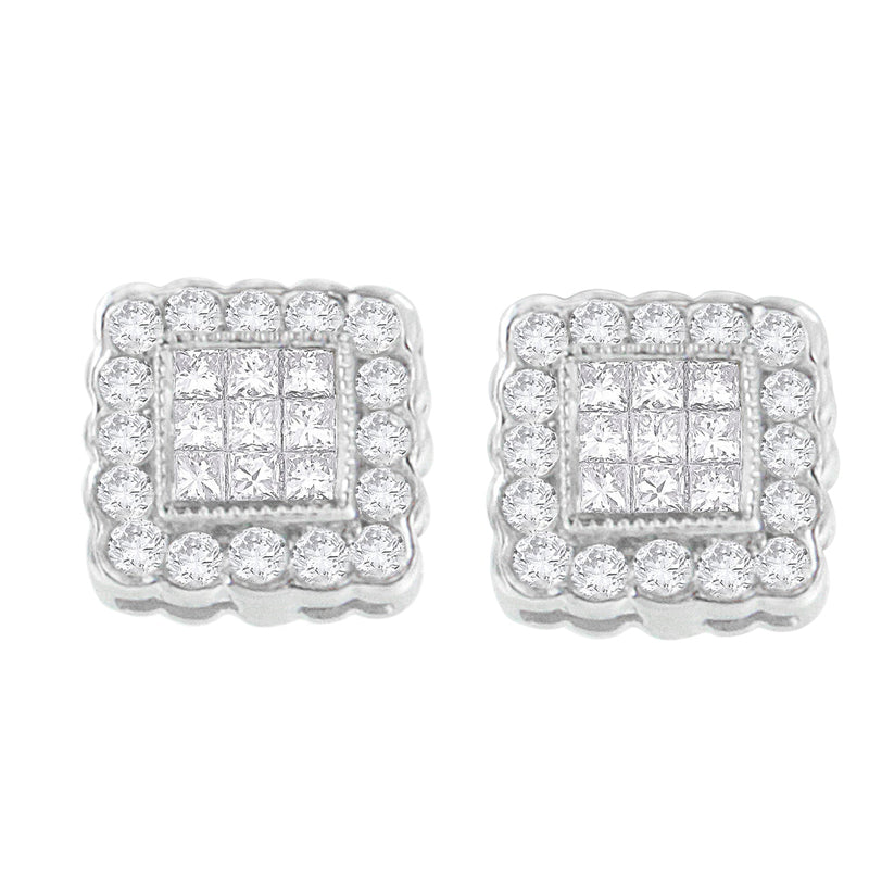 Bids.com 14K White Gold 1.0 Cttw Round Brilliant & Princess Cut Diamond Scallop-Edge Framed Square Halo Stud Earrings (G-H Color, SI1-SI2 Clarity) Earrings