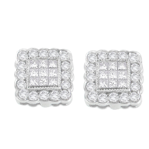 Bids.com 14K White Gold 1.0 Cttw Round Brilliant & Princess Cut Diamond Scallop-Edge Framed Square Halo Stud Earrings (G-H Color, SI1-SI2 Clarity) Earrings