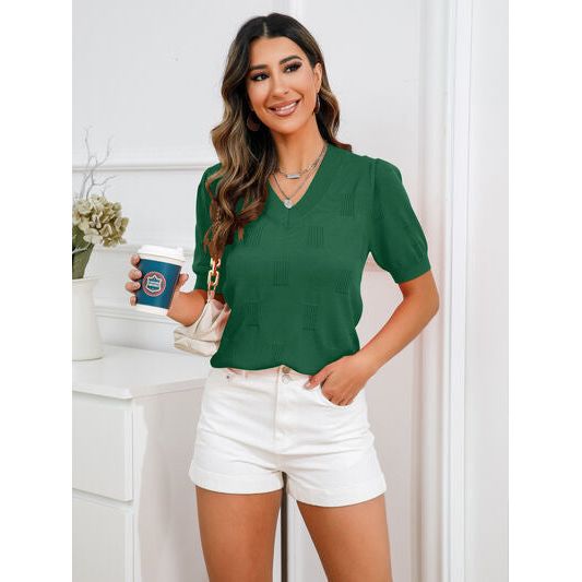 V-Neck Short Sleeve Knit Top