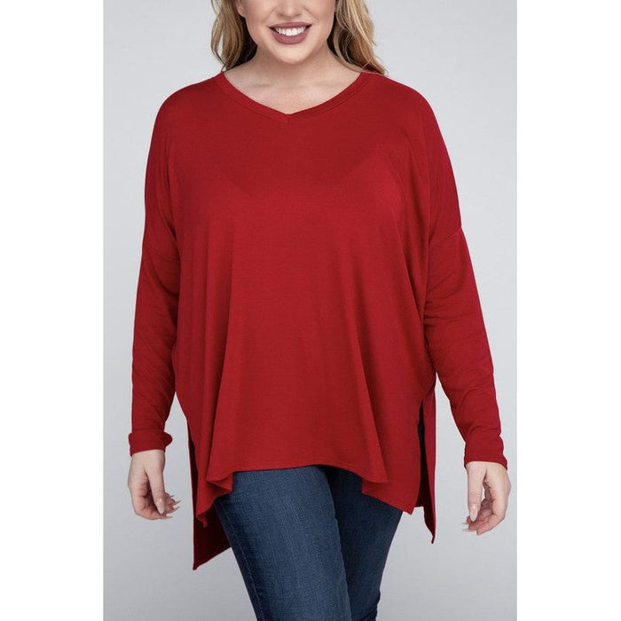 Plus Dolman Sleeve V-Neck Side Slit Hi-Low Hem Top