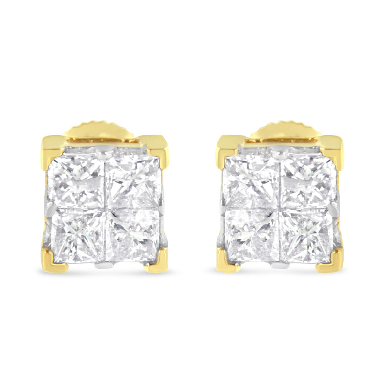 Bids.com 10K Yellow Gold 3/4 Cttw Invisible Set Princess-Cut Diamond Composite Square Stud Earrings (I-J Color, I2-I3 Clarity) Earrings
