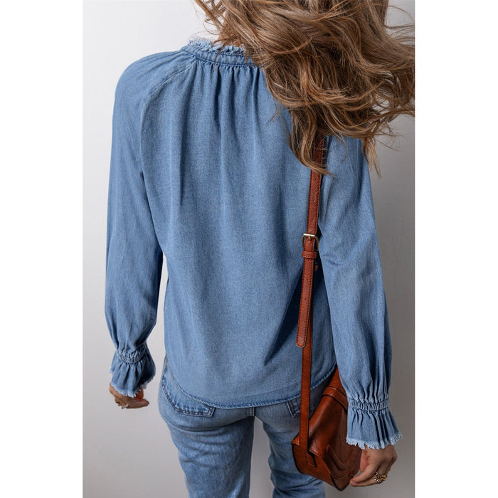 Half Button Long Sleeve Denim Top