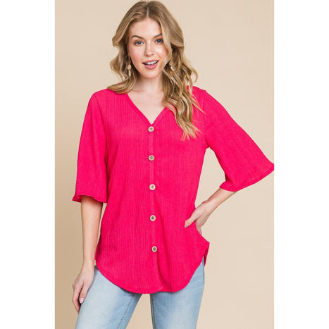 BOMBOM Texture Decorative Button V-Neck Top