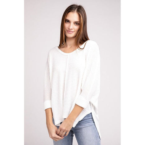 3/4 Sleeve V-Neck Hi-Low Hem Jacquard Sweater