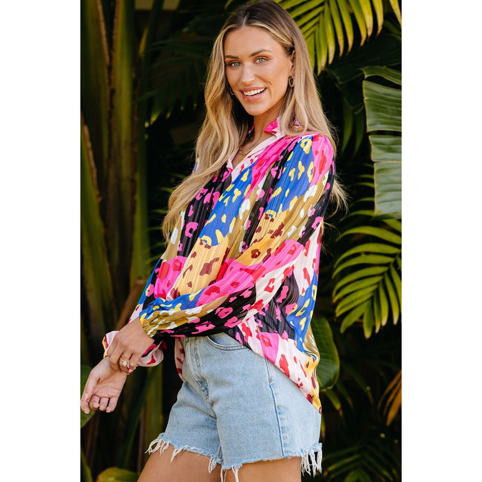 Printed Notched Long Sleeve Blouse