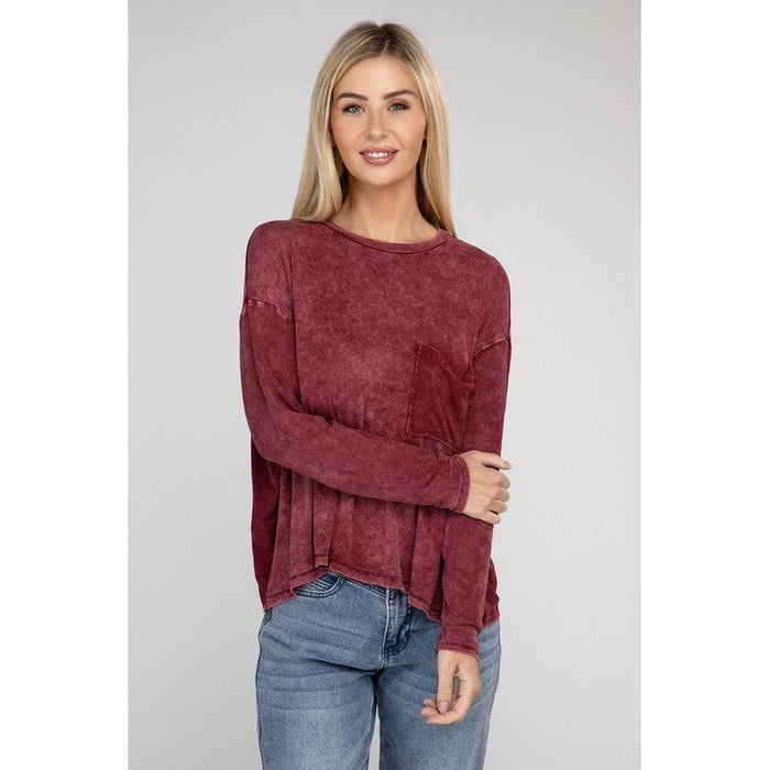 Washed Ribbed Dolman Sleeve Round Neck Top