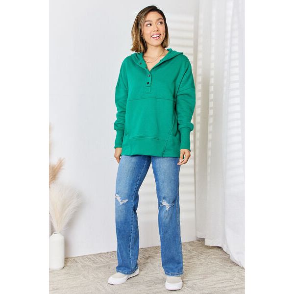 Zenana Half Snap Long Sleeve Hoodie