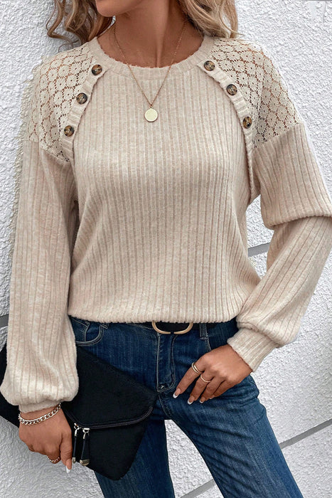 Ribbed Decorative Button Round Neck T-Shirt