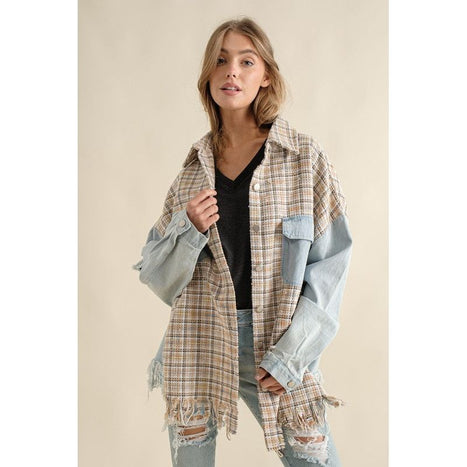 TWEED MIXED DENIM JACKET SHACKET WITH FRINGED HEM