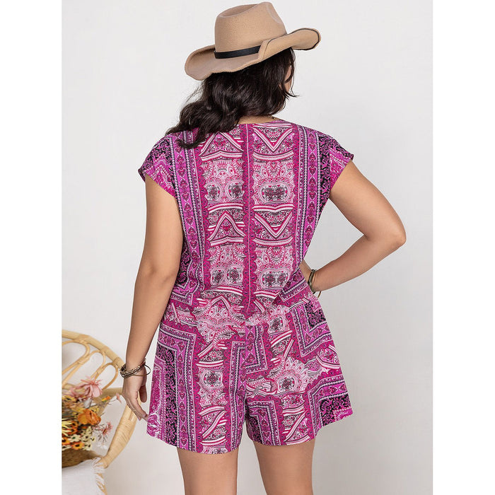 Plus Size Printed V-Neck Cap Sleeve Romper