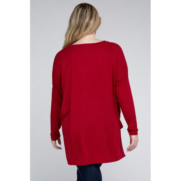 Plus Dolman Sleeve V-Neck Side Slit Hi-Low Hem Top