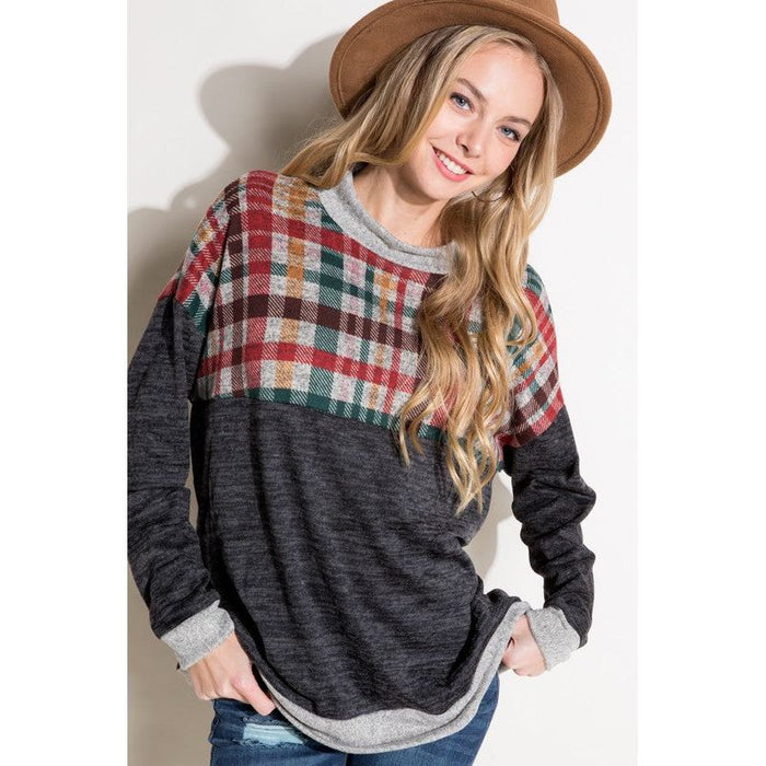 Plus Solid Plaid Mock Neck Top