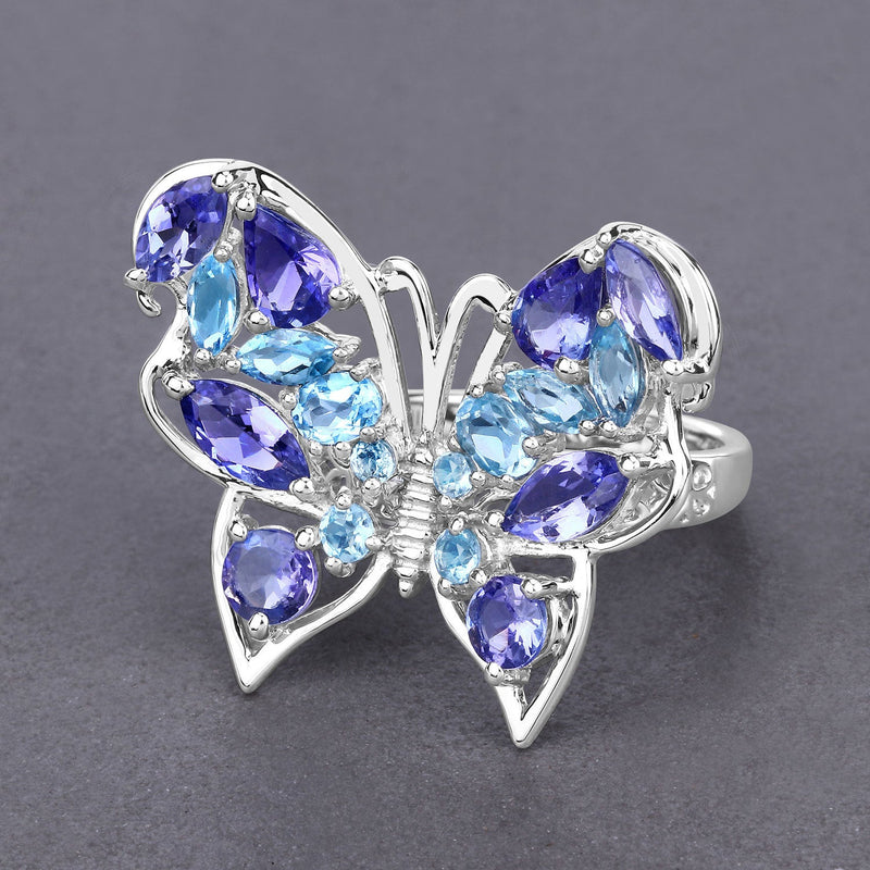 Bids.com 3.60 Carat Genuine Tanzanite and Swiss Blue Topaz .925 Sterling Silver Ring Rings
