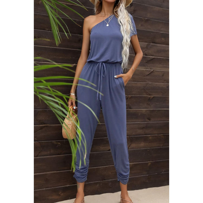 Drawstring Waist One-Shoulder Jumpsuit with Pockets