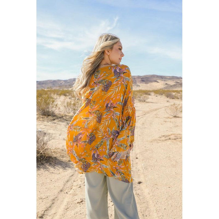 Tropical Leaves Draped Sleeve Kimono