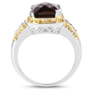 Bids.com 3.48 Carat Genuine Smoky Quartz, Yellow Diamond and White Diamond .925 Sterling Silver Ring Rings