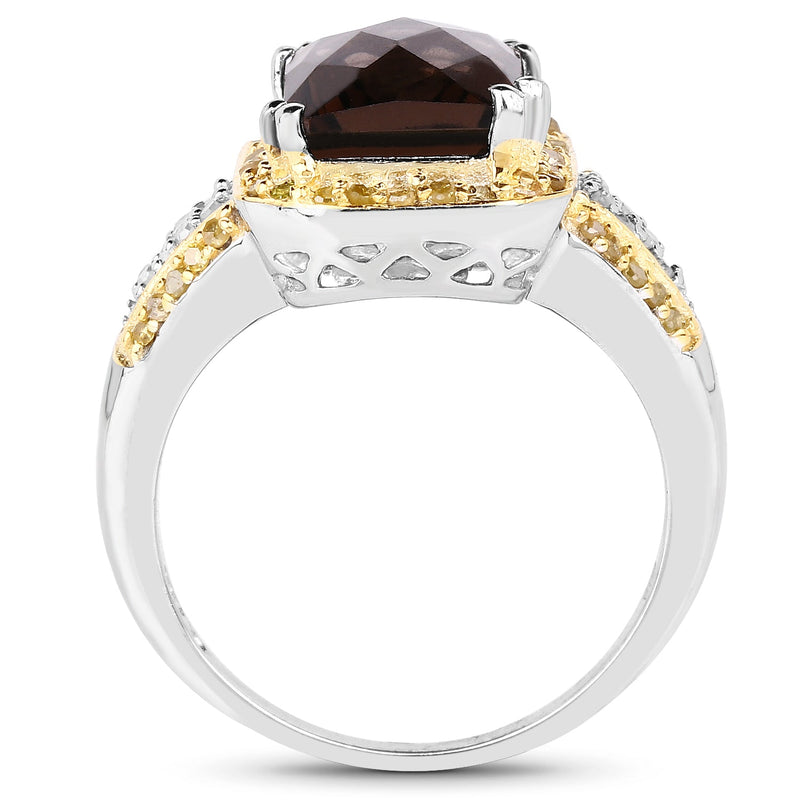 Bids.com 3.48 Carat Genuine Smoky Quartz, Yellow Diamond and White Diamond .925 Sterling Silver Ring Rings