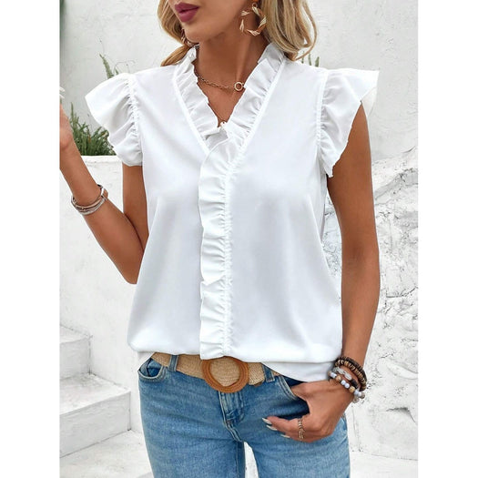 Ruffled V-Neck Cap Sleeve Blouse