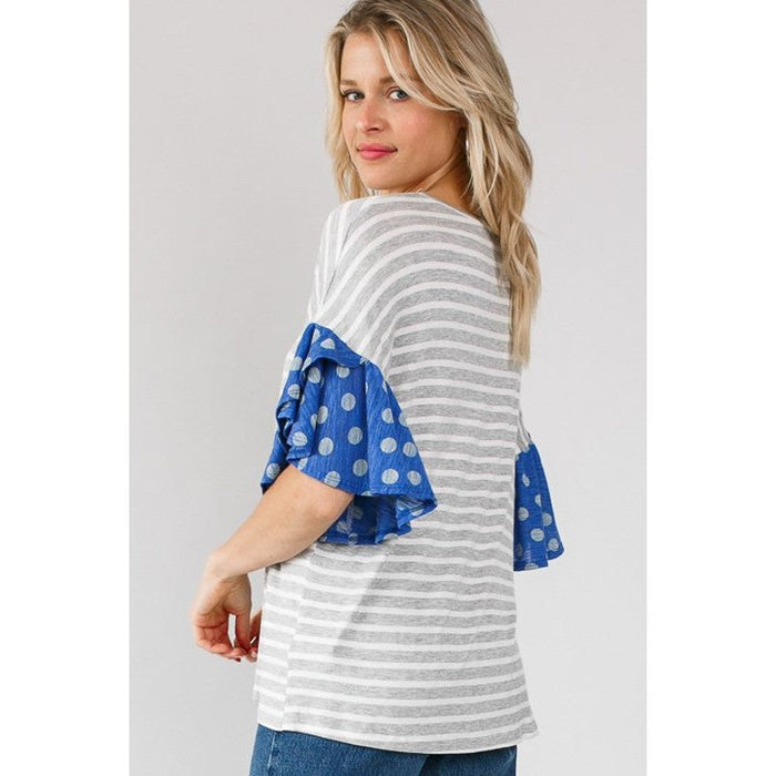 POLKA DOT STRIPE RUFFLE SLEEVE TOP