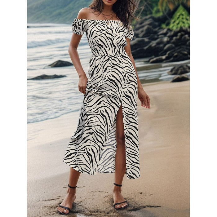 Slit Animal Print Off-Shoulder Midi Dress