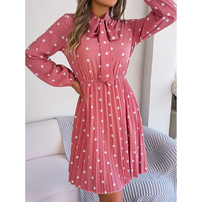 Polka Dot Tie Neck Pleated Dress