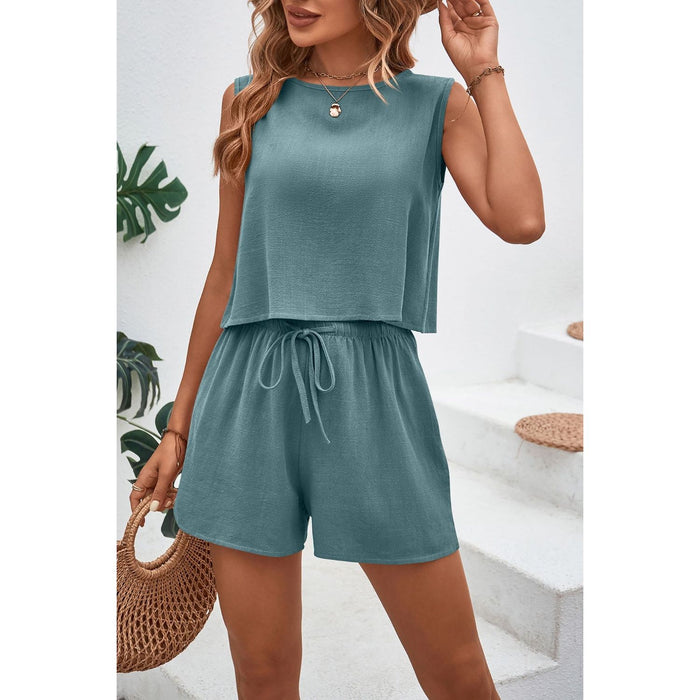 Round Neck Top and Drawstring Shorts Set