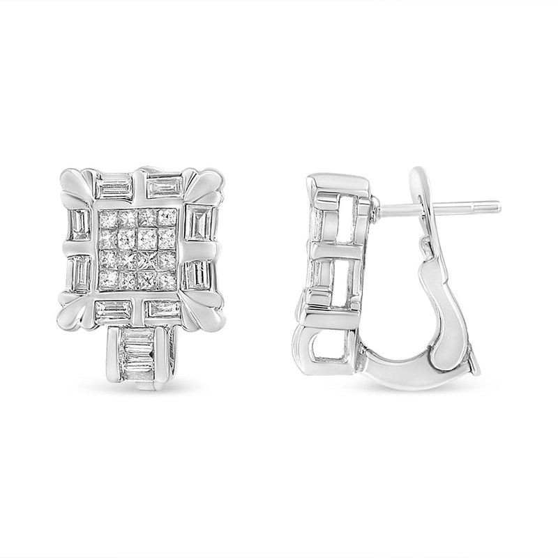 Bids.com 14K White Gold 1.0 Cttw Princess and Baguette-Cut Diamond Square Framed Huggie Hoop Omega Earrings (H-I Color, SI1-SI2 Clarity) Earrings